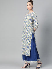 Off-White & Blue gold Floral printed Kurta set with Skirt