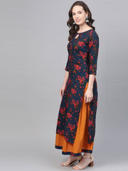 Teal Blue & Yellow Multi Colored floral printed Kurta set with Skirt
