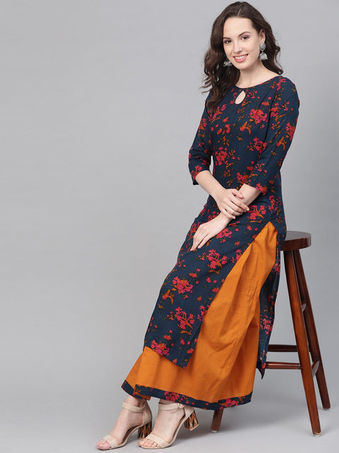 Teal Blue & Yellow Multi Colored floral printed Kurta set with Skirt