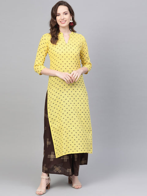 Yellow & dark brown printed Straight Kurta set wih Skirt