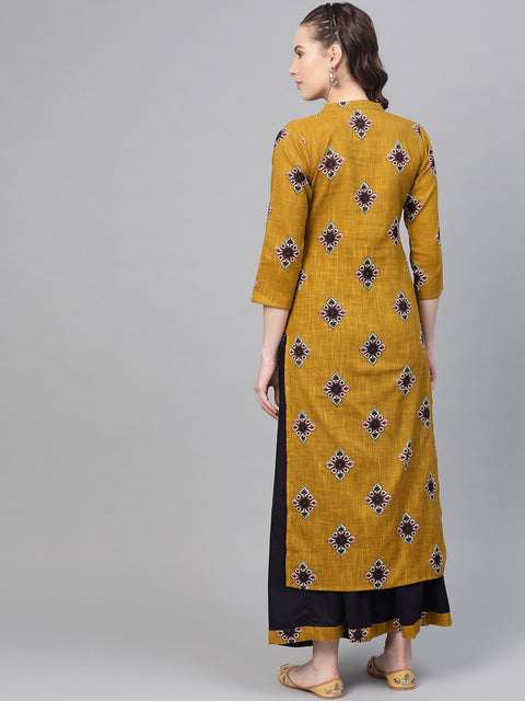Mustard & Navy blue Straight printed Kurta set with Skirt