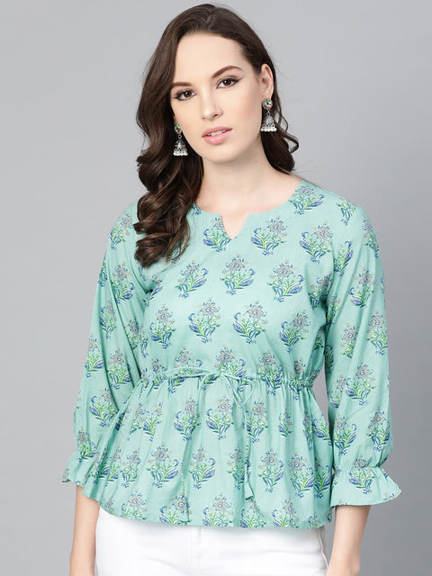 Mint blue with multi floral printed top with drawstring style