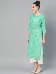 Fern Green Floral Printed Straight kurta with Round neck & 3/4 sleeves