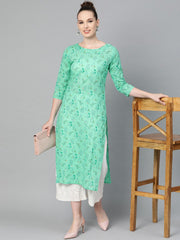 Fern Green Floral Printed Straight kurta with Round neck & 3/4 sleeves