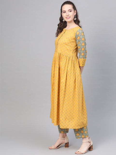 Yellow & Sage Green A-line Printed kurta set with Pant