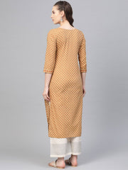 Beige Printed Straight Kurta with round neck with 3/4 sleeves