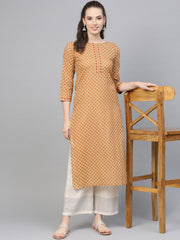 Beige Printed Straight Kurta with round neck with 3/4 sleeves