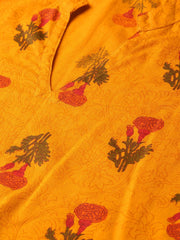 Mustard Printed Straight kurta with mandarin collar & 3/4 sleeves