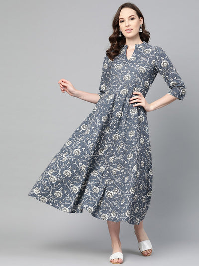 Grey & Off-white Floral Printed Maxi dress with Madarin Collar & 3/4 sleeves