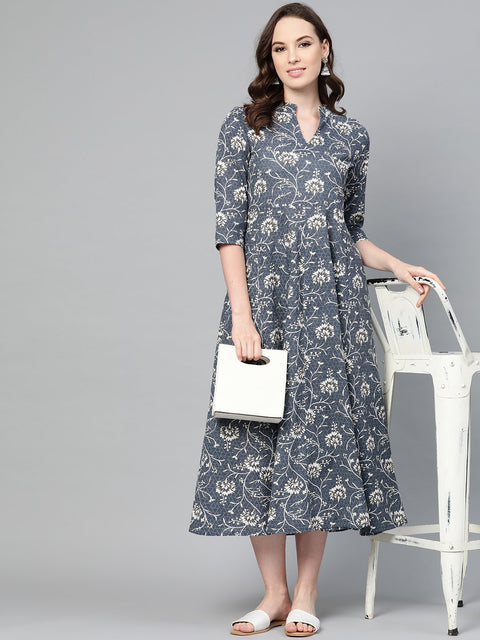 Grey & Off-white Floral Printed Maxi dress with Madarin Collar & 3/4 sleeves