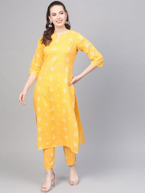Yellow Checks & Floral multi printed kurta set with pants
