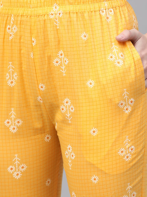 Yellow Checks & Floral multi printed kurta set with pants