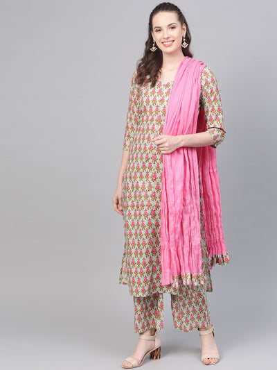 Green & Pink Printed Kurta set with Palazzo & dupatta