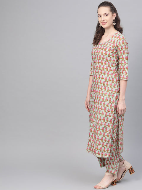 Green & Pink Printed Kurta set with Palazzo & dupatta