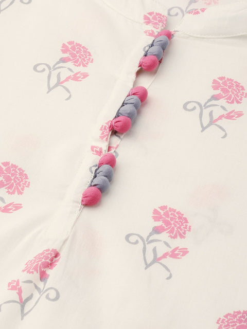 off white & pink floral printed kurta with ikkat printed pallazo & dupatta