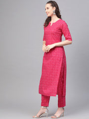 Rani Pink Leheriya printed kurta & pallazo with solid off white crinkled dupatta