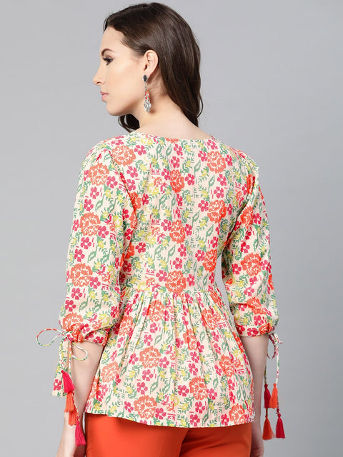 Off white and Multi floral printed top with dori detailing on sleeves