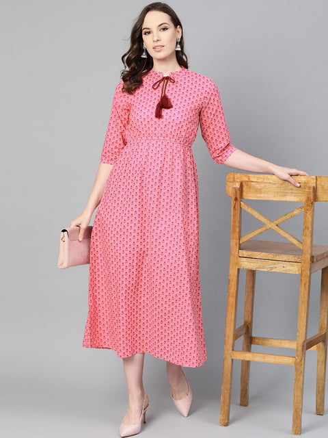 Pink Floral Printed Maxi dress with Chinese collar & 3/4 sleeves