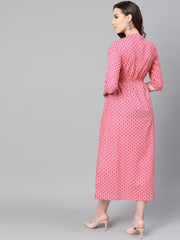 Pink Floral Printed Maxi dress with Chinese collar & 3/4 sleeves