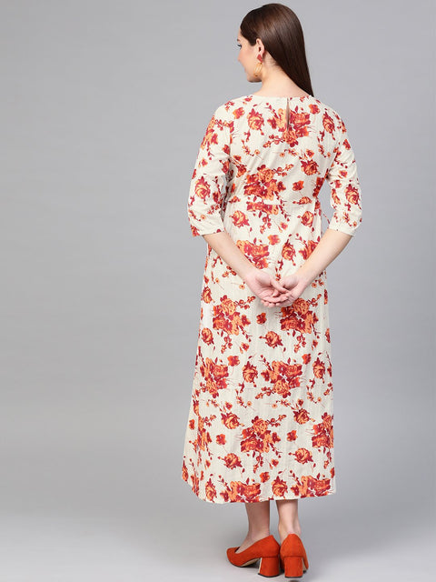 Nayo Women Off White & Orange Floral Printed Maxi Dress