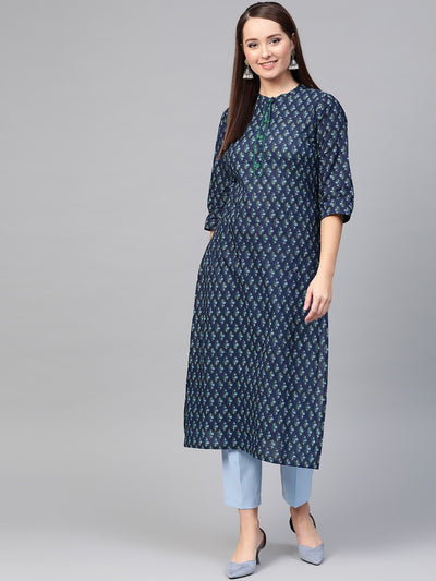 Nayo Women Navy Blue & Blue Cotton Straight Ethnic Motifs Printed Kurta