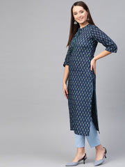 Nayo Women Navy Blue & Blue Cotton Straight Ethnic Motifs Printed Kurta