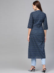 Nayo Women Navy Blue & Blue Cotton Straight Ethnic Motifs Printed Kurta