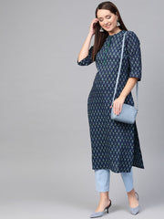 Nayo Women Navy Blue & Blue Cotton Straight Ethnic Motifs Printed Kurta