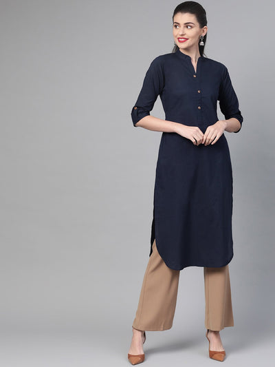 Nayo Women Navy Blue &  Cotton Straight Solid Solid Kurta