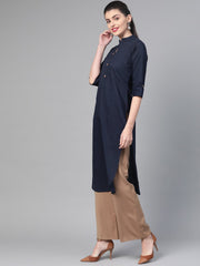 Nayo Women Navy Blue &  Cotton Straight Solid Solid Kurta