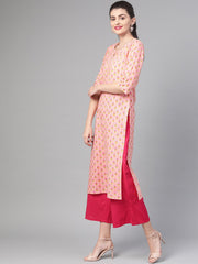 Nayo Women Peach & Yellow Cotton Straight Floral Printed Kurta