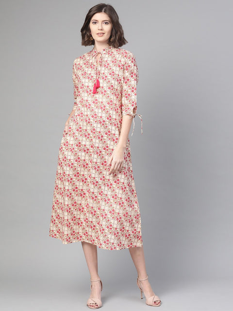 Nayo Women Off White & Pink Floral Printed A-Line Dress