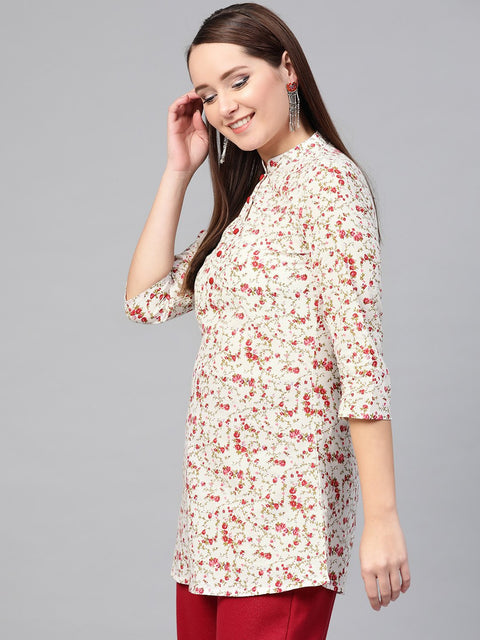 Nayo Women White & Pink Cotton Printed Mandarin Collar Tunic