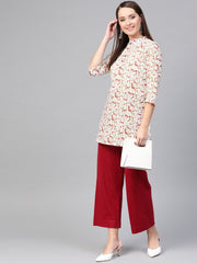 Nayo Women White & Pink Cotton Printed Mandarin Collar Tunic