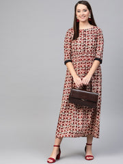 Nayo Women Cream & Brown Floral Printed Maxi Dress