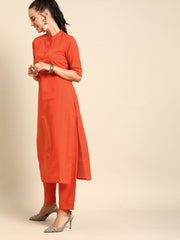 Women Orange Solid Kurta with Trousers & Dupatta