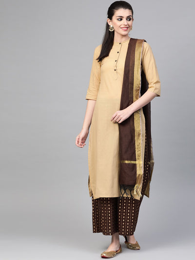 Nayo Women Beige & Brown Straight Solid Solid Kurta And Palazzos Set