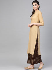 Nayo Women Beige & Brown Straight Solid Solid Kurta And Palazzos Set