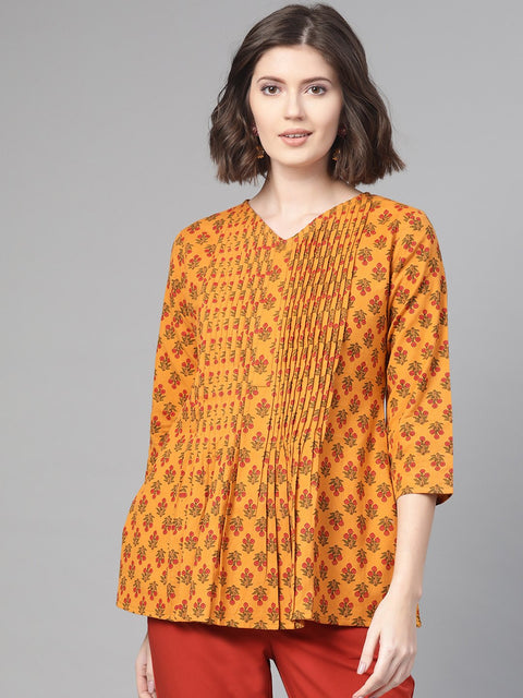 Nayo Women Mustard & Red A-Line Printed Top
