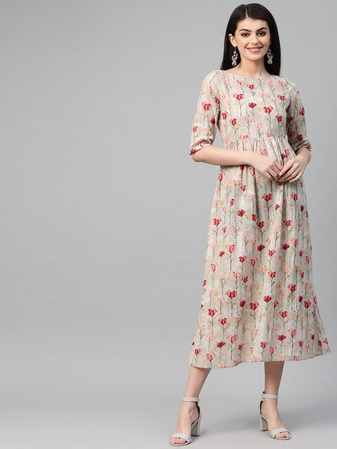 Nayo Women Grey & Pink Floral Printed Maxi Dress