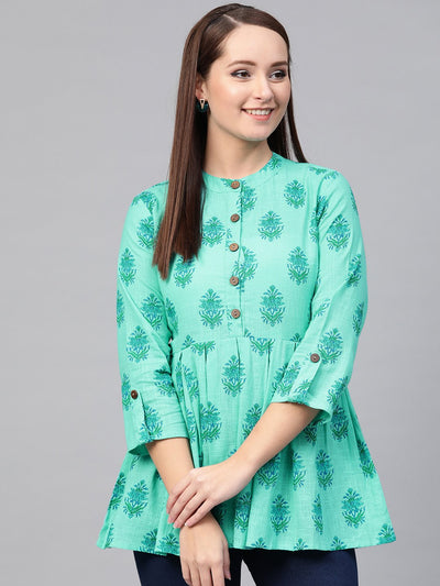 Nayo Women Blue & Green Cotton Printed Mandarin Collar Tunic