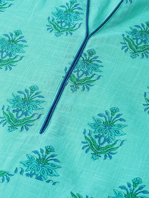Nayo Women Blue & Green Cotton Straight Floral Printed Kurta