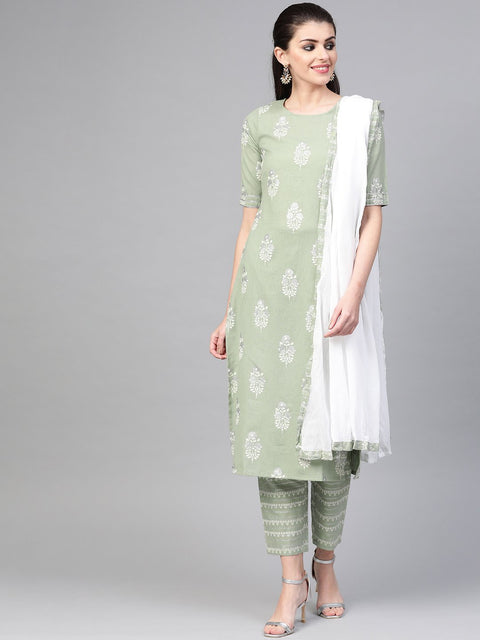 Nayo Women Green & white Straight Ethnic Motifs Printed Kurta And Trousers Set