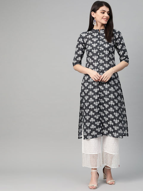 Nayo Women Black & White Cotton Straight Ethnic Motifs Printed Kurta