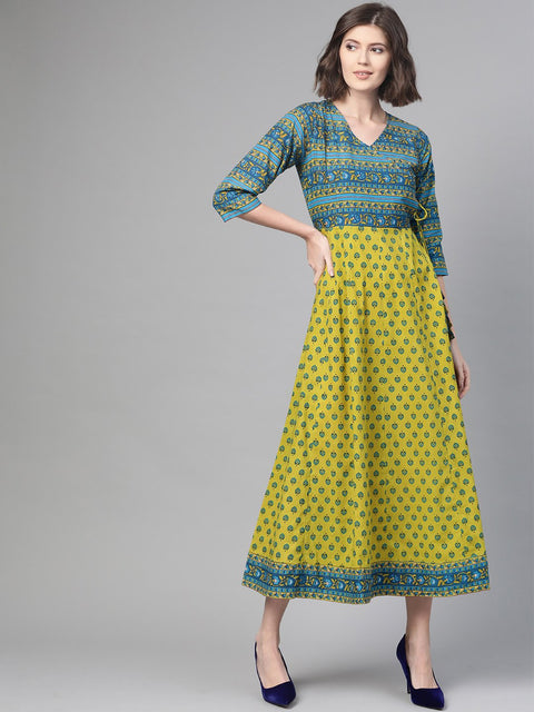 Nayo Women Green & Blue Ethnic Motifs Printed Maxi Dress