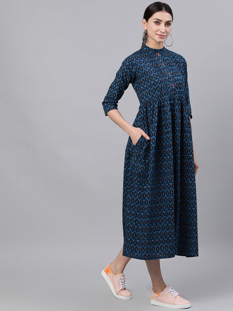 Women Navy Blue Bohemian Printed Mandarin Collar Cotton A-Line Dress