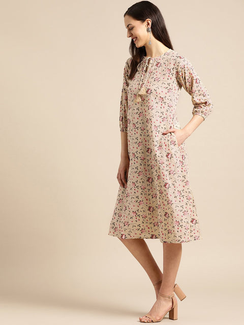 Women Beige & Red Floral Printed Fit and Flare Dress