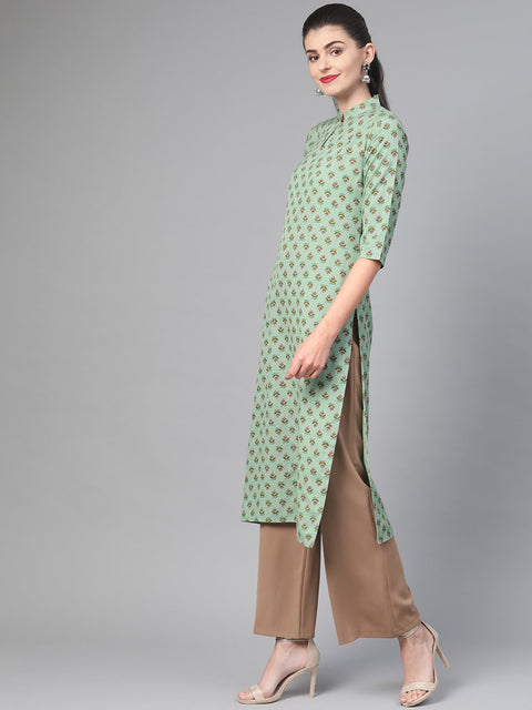 Women Green & Mauve Cotton Straight Floral Printed Kurta