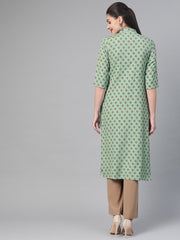 Women Green & Mauve Cotton Straight Floral Printed Kurta