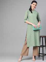 Women Green & Mauve Cotton Straight Floral Printed Kurta